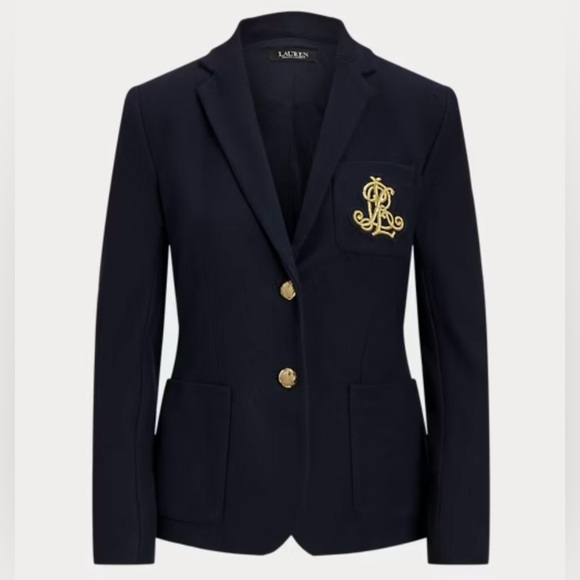 Ralph Lauren Women’s Bullion Jacquard Navy Blue Single Breast Blazer Gold Crest - Picture 3 of 16